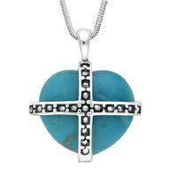Silver Turquoise Nineteen Marcasite Large Cross Heart Necklace