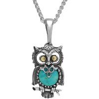 Silver Turquoise Marcasite Petite Owl On Branch Pendant Necklace