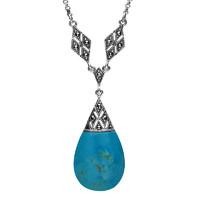 Silver Turquoise Marcasite Pear Drop Rhombus Link Necklace