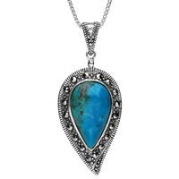 Silver Turquoise Marcasite Leaf Pendant Necklace