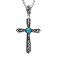 Silver Turquoise Marcasite Pointed Cross Necklace