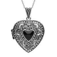 Silver Whitby Jet Marcasite Large Heart Locket Necklace