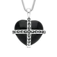 Silver Whitby Jet Nineteen Marcasite Large Cross Heart Necklace