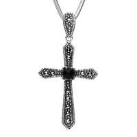 Silver Whitby Jet Marcasite Pointed Cross Necklace
