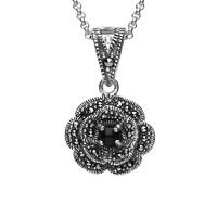 Silver Whitby Jet Marcasite Flower Pendant Necklace
