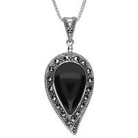 Silver Whitby Jet Marcasite Leaf Pendant Necklace