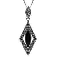 Silver Whitby Jet Marcasite Marquise Centred Triangle Necklace
