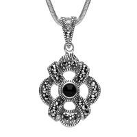 Silver Whitby Jet Marcasite Celtic Crossover Flower Necklace