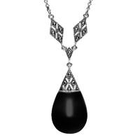 Silver Whitby Jet Marcasite Pear Drop Rhombus Link Necklace