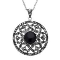 Silver Whitby Jet Marcasite Open Circle Pendant Necklace