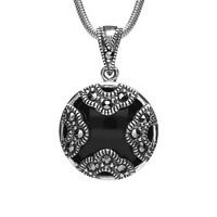 Silver Whitby Jet Marcasite Four Arc Round Pendant Necklace