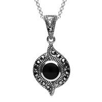 Silver Whitby Jet Marcasite Twisted Round Pendant Necklace