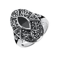 Silver Whitby Jet & Marcasite Decorative Shield Ring