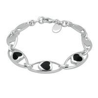 Silver Whitby Jet Seven Link Heart Bracelet