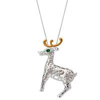 Silver Yellow Gold Green CZ Large Reindeer Necklace