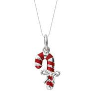 Silver Red Enamel Small Candy Cane Necklace