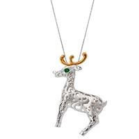 Silver Yellow Gold Green CZ Small Reindeer Necklace