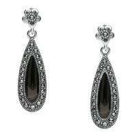 silver whitby jet marcasite pear drop stud earrings