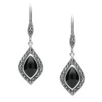 Silver Whitby Jet Marcasite Pointed Pear Hook Earrings