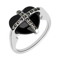 Silver Whitby Jet Seveteen Stone Marcasite Small Cross Heart Ring