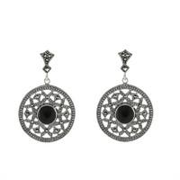Silver Whitby Jet Marcasite Open Circle Round Drop Earrings