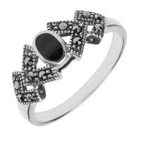 Silver Whitby Jet Marcasite Oval Triangle Ring