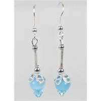 Silver tone blue bead drop hoop earrings