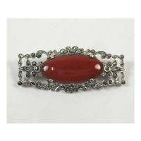 Silver rectangle brown oval marcasite brooch - 925 stamp