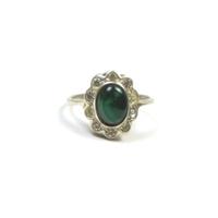 Silver green semi precious stone & clear crystal ring - 925 stamp
