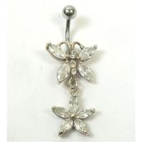 Silver crystal butterfly & flower body bar - 925 stamp
