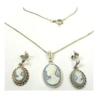 Silver necklace with blue cameo pendant & stud earrings - 925 stamp