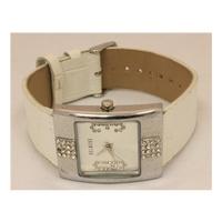 silver plated watch with broad white leather strap belmore size medium ...