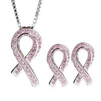 Sif Jakobs Rhodium Plated Pink Ribbon Cubic Zirconia Pendant And Earrings Jewellery Set SJ-E107/P106-PK