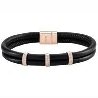 Sif Jakobs Rose Gold-Plated \'Modena Due Tre\' Black Leather Double Row White Cubic Zirconia Bracelet SJ-BR2731-BL/RG/CZ