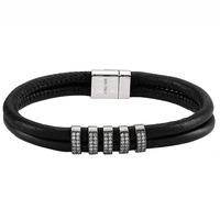 Sif Jakobs Rhodium Plated \'Modena Due Cinque\' Black Leather Double Row White Cubic Zirconia Bracelet SJ-BR2560-BL/CZK