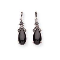 Silver Marcasite and Black Agate Dropper Earrings MER121