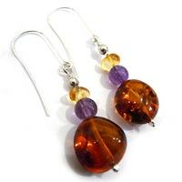 Silver Amber and Synthetic Amethyst Triple Beaded Dropper Earrings ER1219