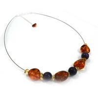Silver Round Amber and Synthetic Amethyst Beaded Collarette Necklace CL816