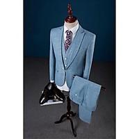 Sky Blue Solid Color One-Button Closure collar Linen Three-Pieces Tailored Fit Suit For Party/Evening