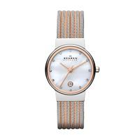 Skagen Ancher ladies\' stone-set rose gold-tone and stainless steel mesh bracelet watch
