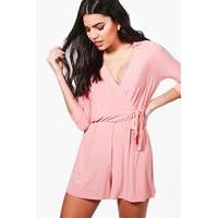skinny wrap over tie waist playsuit coral