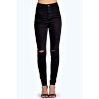 Skinny High Rise Tube Slashed Jeans - black