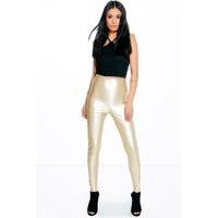 Skinny Side Zip Leather Look Trousers - gold