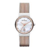 Skagen Steel Rose Gold Plated Mesh Mother Of Pearl Stone Dial Watch 355SSRS