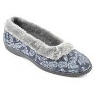 SlumberzzZ Ladies Floral Velour Design Full-Back Style Faux Fur Cuff Slippers