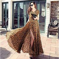 Slit sexy leopard chiffon long summer dress big swing length skirt large size women