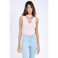 SLEEVELESS CHOKER ZIP BODYSUIT