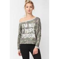 SLOUCHY SLOGAN CAMO SWEAT