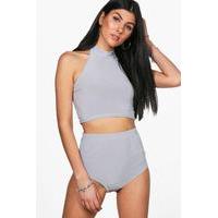 slinky high neck crop hotpant co ord set silver