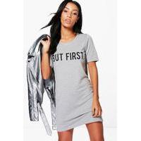Slogan But First T-Shirt Dress - grey